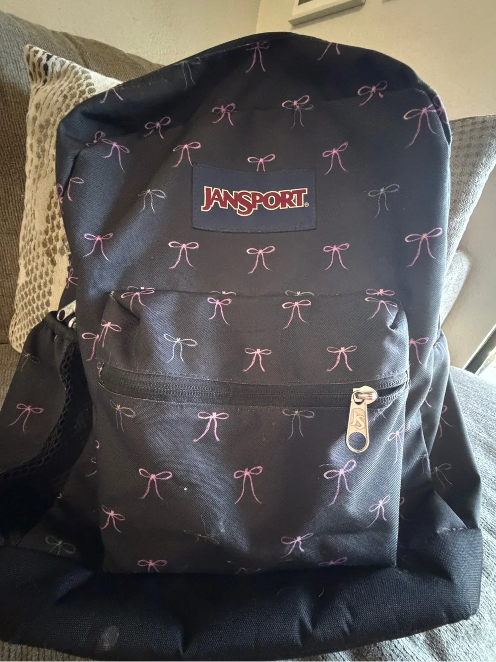Jansport Black Backpack with Pink Bow Print